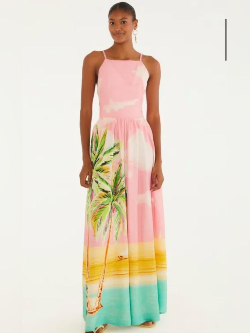 FARM Rio Pink Tropical Palm Maxi Dress with Sunset Hem